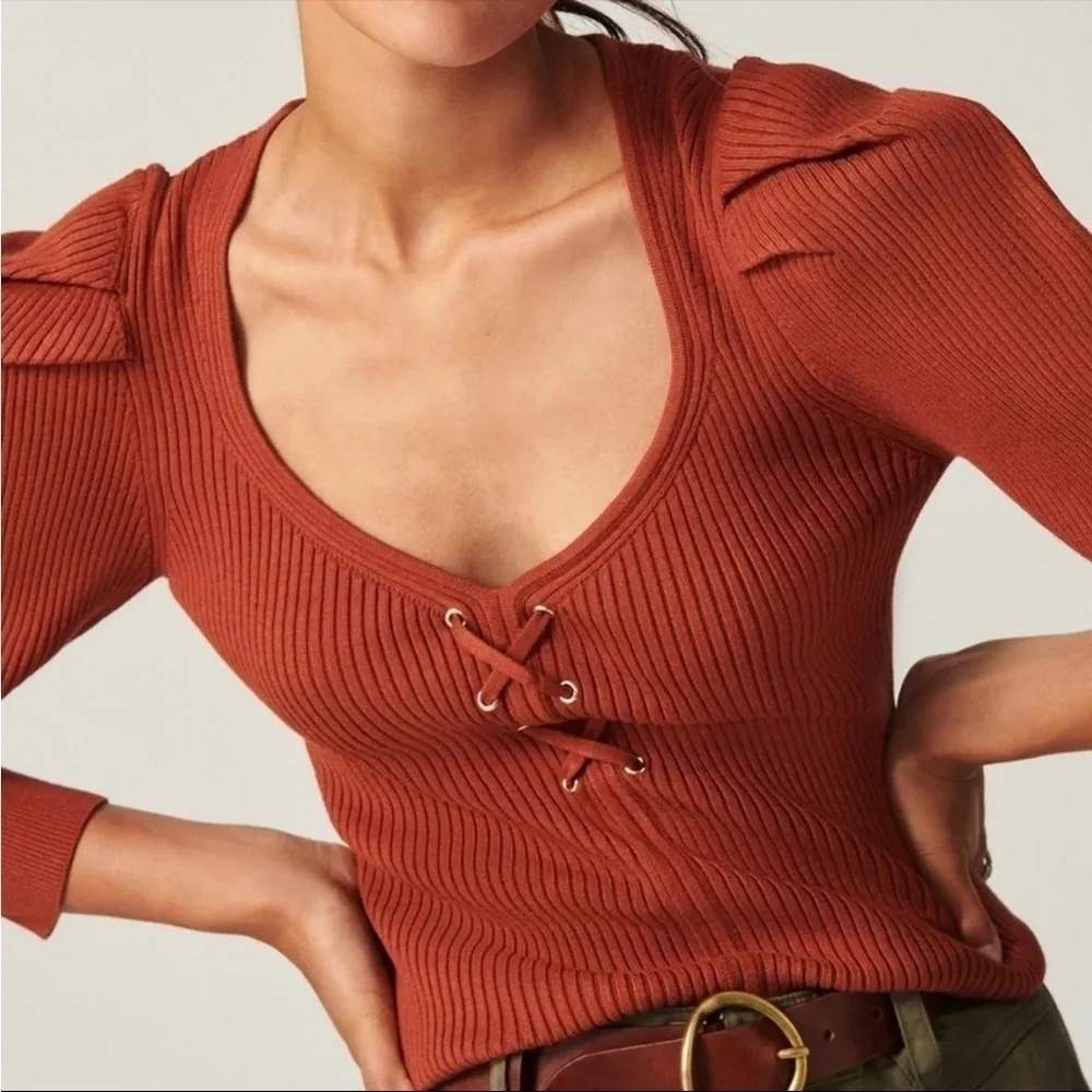 ba&sh Boby Lace Up Ribbed V-Neck Sweater in‎ Cognac Puff Sleeve Size 8